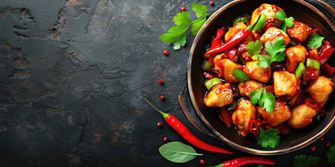 Spicy Kung Pao Chicken with Peppers and Sesame. Succulent Kung Pao Chicken garnished with green onions, red chili peppers, and sesame seeds, served in a bowl.