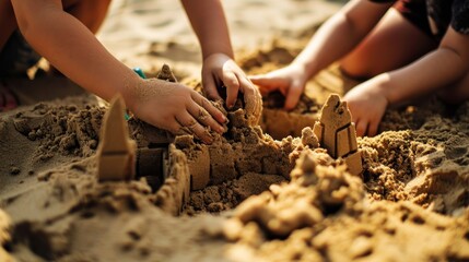 Close up of children's hands building sand castle on the beach. Childhood concept. Vacation and...