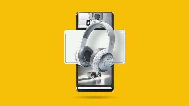 Technological and electrical products coming from the mobile phone. E-commerce and sales animation with smartphone.