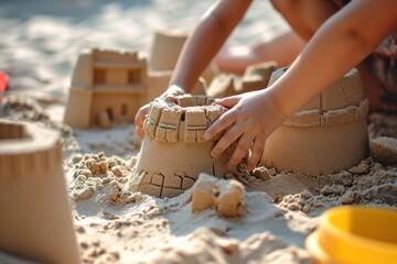 Close-up of a child playing with sand on the beach. Childhood concept. Vacation and Travel Concept with Copy Space. - obrazy, fototapety, plakaty