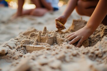 Children playing with sand on the beach. Selective focus. Kid. Childhood concept. Vacation and Travel Concept with Copy Space. - obrazy, fototapety, plakaty
