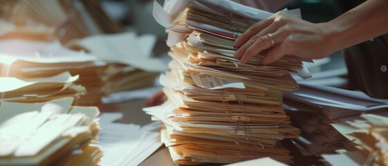 Hands sorting through a stack of overflowing paperwork