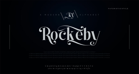 Rockeby Elegant alphabet letters font and number. Classic Lettering Minimal Fashion Designs. Typography modern serif fonts regular uppercase lowercase and numbers. vector illustration - obrazy, fototapety, plakaty