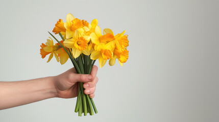 Man hand with yellow daffodils bouquet on plain background with copy space. Greeting card. International Women's Day. Birthday, anniversary. March 8