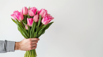 Man hand with pink tulips bouquet on white background with copy space. Greeting card. International Women's Day. Birthday, anniversary.