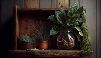 houseplant on wooden shelf, Ai generated image
