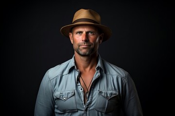 Handsome man wearing a straw hat on a black background.