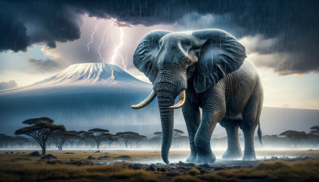 Kilimanjaro Downpour: Bull Elephant Weathering the Storm