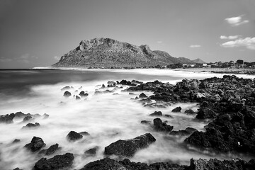 Sea, beach and mountains in the town of Stavros on the island of Crete