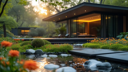 Super modern luxury villa with lake and flowers blowing, spring season, sunlight, relaxing image, plants, modern house in the nature, perfect place for living, eco house