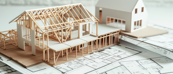 Fototapeta premium Detailed architectural model displaying the framework of a house, illustrating the intricate planning stage of construction