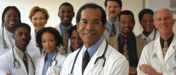Group of diverse medical professionals standing confidently, showcasing the collaborative strength of healthcare workers