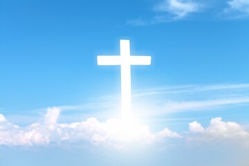 Christian light cross in the blue sky with clouds