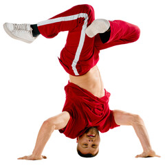 Headspin. Stylishly dressed man dancing breakdance, freestyle elements standing on head against...