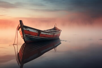 Tranquil dawn solitary wooden boat on lake reflecting peaceful nature landscape - obrazy, fototapety, plakaty