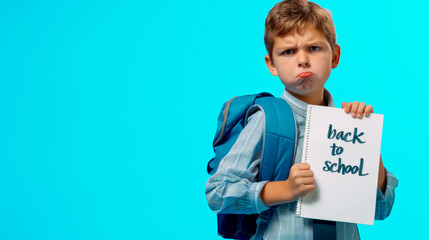 Upset boy with school backpack holding poster - "back to school" on blue bright background with copy space for back to school concept, idea about school education