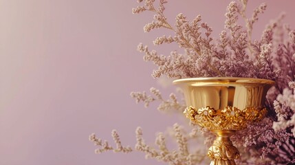 A gold-plated trophy with intricate detailing, displayed against a subtle lavender background.
