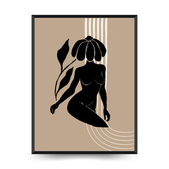Modern Art Poster with body, women and flower. Matisse Abstract Set, Aesthetic Modern, Boho Decor, Minimalist, Illustration, Vector, Poster, Postcard. Aesthetic minimalist design.