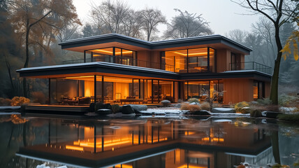 Obraz premium Super modern luxury villa with lake and flowers blowing, spring season, sunlight, relaxing image, plants, modern house in the nature, perfect place for living, eco house