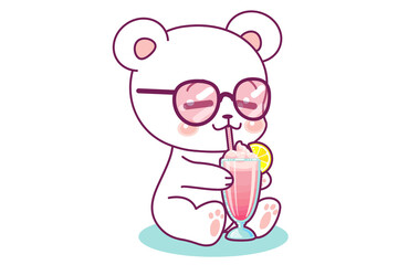 Cute bear drink juice cartoon vector icon illustration 