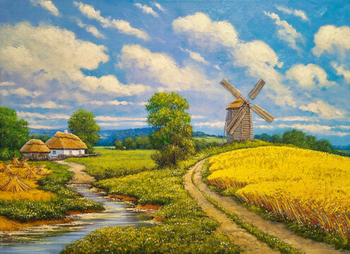Oil paints on canvas, handmade, oil painting, background texture, windmill in the field of wheat