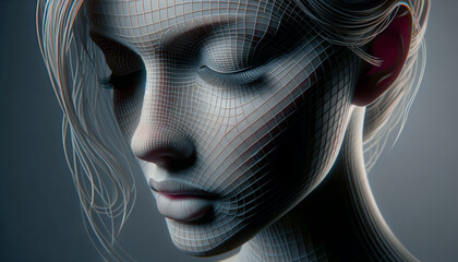 AI generated illustration of a 3D model's serene face with a wireframe overlay