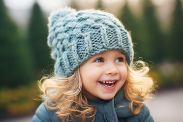 Smiling child in winter hat on snowy street. Simple urban portrait capturing seasonal joy.