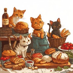 Fototapeta na wymiar Cat's Bakery Extravaganza Cats enjoy a bakery's bread, cakes, and pastries, surrounded by delectable treats in a feline feast