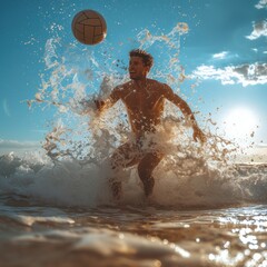 Beach, energy and man jump volleyball while playing on the sand with action on holiday. Fitness person, sports ball and young male athlete training for seaside game or match in summer