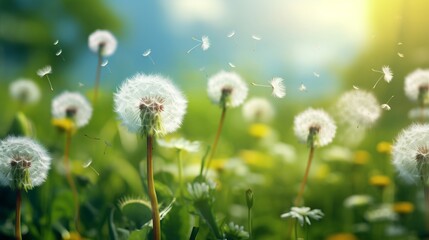 Whimsical springtime scene with delicate white dandelions dancing in the background