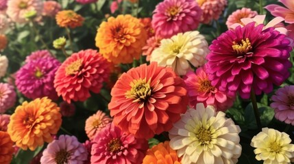 Beautiful colorful zinnia and dahlia flowers in full bloom, close up. Natural summery texture - obrazy, fototapety, plakaty
