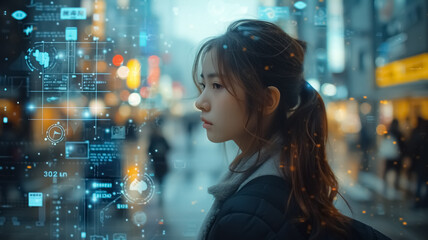 A girl standing and looking to the graphic, Meta verse,  blue background, virtual reality and blockchain