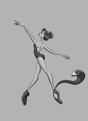 Vector illustration of a beautiful and graceful elegant ballerina, dancing, wearing ballet point shoes in cartoon style