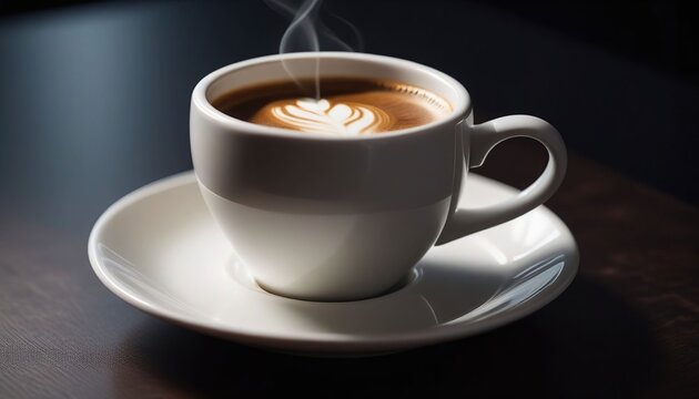 A coffee in a white cup with a dark background