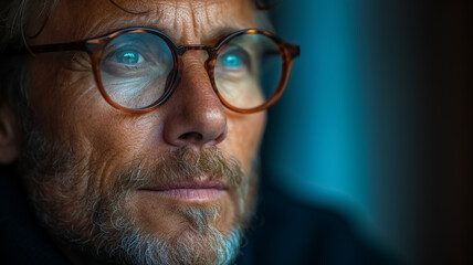 Close-up shot of a man wearing his Smart Glasses, stylish eyeglasses for man, light through eyeglasses, new technology, a mixed-reality, super close-up face