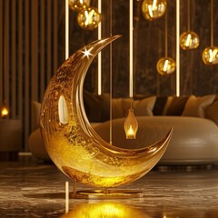 gold and yellow color islamic concept Ramadan and Eid al-Fitr 3d image, golden half moon with date and lantern lights new decoration Eid al-Fitr image copy space - generative ai