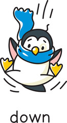 Preposition of movement. Penguin is falls down - 733996197