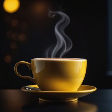 A coffee in a yellow cup with a dark background