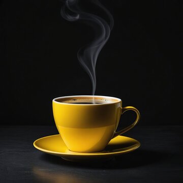 A coffee in a yellow cup with a dark background