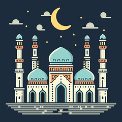 A vibrant illustration of a mosque with line art style and flat color, perfect for Ramadan, Eid, and Islamic event.