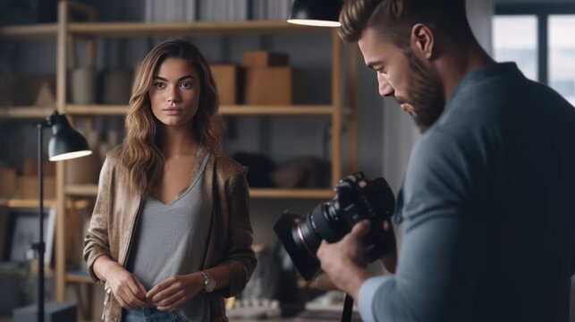 Beautiful model posing for male photographer in studio. Rare view of photographer taking pictures of female model with digital camera in photo studio