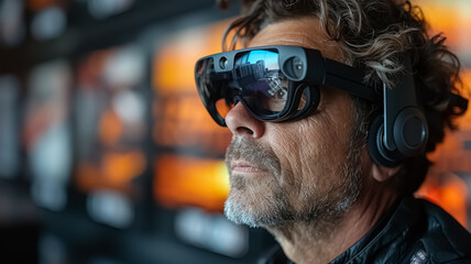 A man wearing on his eyes VR Headsets, Smart Glasses new technology, a mixed-reality headset, close-up shot of a man in his virtual reality interacting through eye-glasses.