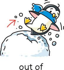 Preposition of movement. Penguin falls out of a snowball - 733996550