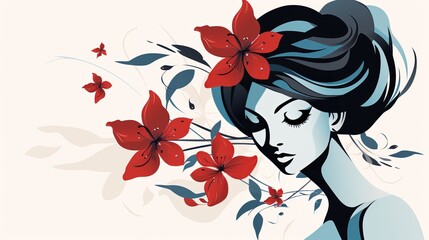 Tender woman silhouette with red flowers and leaves, mental health and self attitude concept