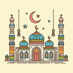 A vibrant illustration of a mosque with line art style and flat color, perfect for Ramadan, Eid, and Islamic event.