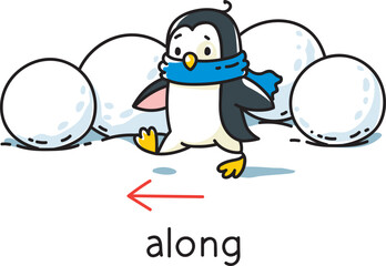 Preposition of movement. Penguin walks along - 733996754