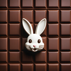 Cabeça de coelho de chocolate branco alegre sobre fundo com barra de chocolate marrom. Rosto de coelhinho da páscoa branco.