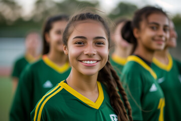 Smiling Female Soccer Player with Teammates - obrazy, fototapety, plakaty