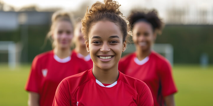 Young Female Soccer Player in Red Jersey Smiling with Team