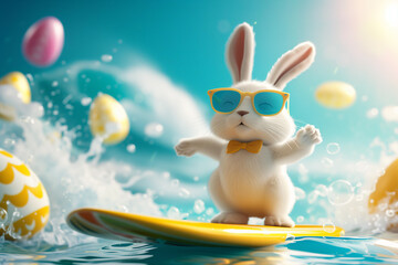 Cute Easter Bunny with sunglasses who surfing on eggs waves